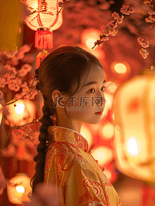 绘画的女孩背景图片_3D立体中国国风春节灯笼下女孩的背景4