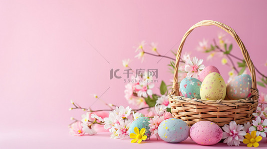 复活节彩蛋和鲜花的篮子素材