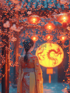 3D立体中国国风春节灯笼下女孩的背景3