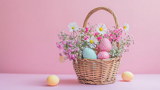 复活节彩蛋和鲜花的篮子背景图