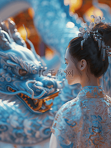 春节创意背景背景图片_3D立体青花质感中国龙年春节女孩背景14