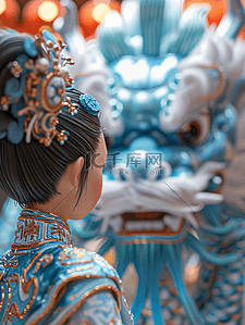 3D立体青花质感中国龙年春节女孩背景13