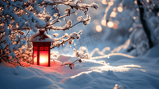 雪地里树上挂的红灯笼
1