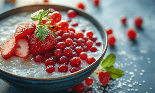 蔬菜肉和水果摄影照片_健康的早餐营养膳食新鲜水果和红莓