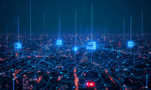 信号报警灯摄影照片_科技城市背景的5G网络无线通信技术网络连接智能城市