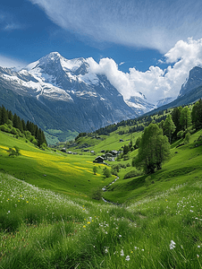 阿尔卑斯山鲜绿色的草地和白雪皑皑的山峰