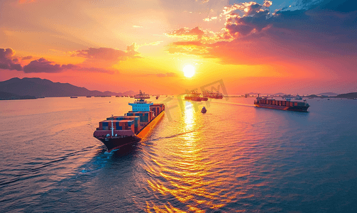 国际饮茶摄影照片_夕阳物流国际集装箱船舶货物货机