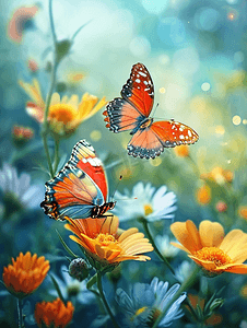 蝴蝶文艺摄影照片_春天花丛中的两只蝴蝶