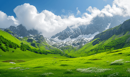 阿尔卑斯山鲜绿色的草地和白雪皑皑的山峰