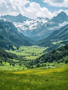 风景，山川，草地摄影照片_阿尔卑斯山鲜绿色的草地和白雪皑皑的山峰