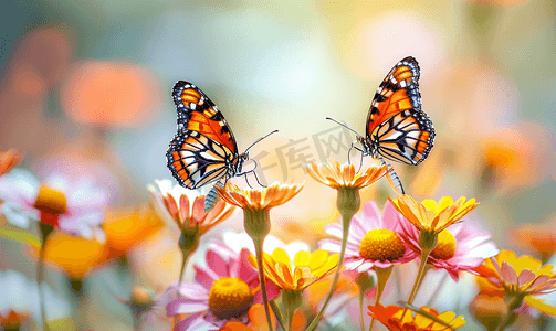 小清新花绿色摄影照片_春天花丛中的两只蝴蝶