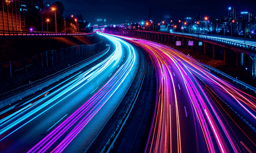 公路在城市景观霓虹灯光