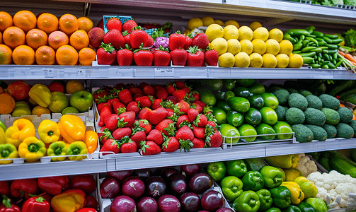 蔬菜超市摄影照片_水果和蔬菜是在超市的货架上
