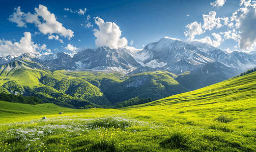 阿尔卑斯山鲜绿色的草地和白雪皑皑的山峰