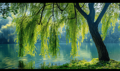 柳树风景摄影照片_春天湖畔垂柳柳树