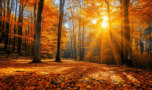枫叶落叶摄影照片_阳光照耀下的金色秋天美丽的森林树木