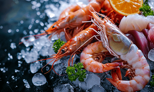 餐饮海鲜背景摄影照片_放在冰上的海鲜水产