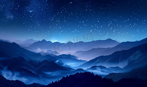 昨夜星辰摄影照片_星空背景下山上的雾