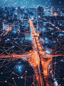 科技流动线摄影照片_科技城市背景的5G网络无线通信技术网络连接智能城市