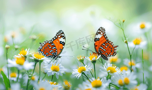 小清新花朵背景摄影照片_春天花丛中的两只蝴蝶