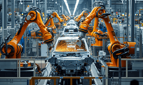 机械加工摄影照片_机器人在汽车制造厂工业生产