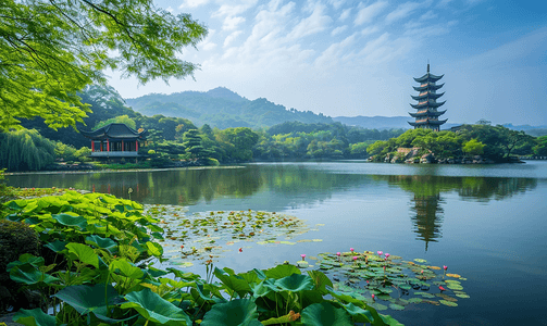 森林蓝天摄影照片_夏天森林西湖宝塔花园