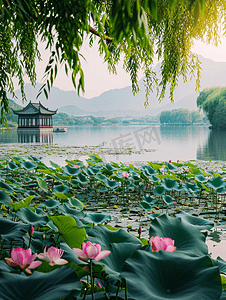 线条远山摄影照片_中国的西湖风景