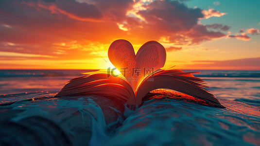 美丽的日落书本的爱心背景素材
