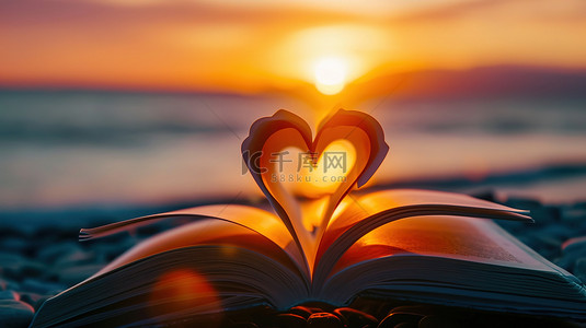 美丽的日落书本的爱心背景图