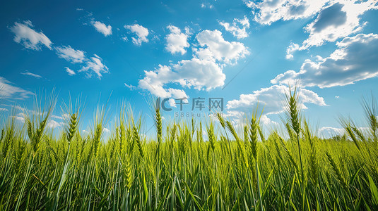 绿色的麦田和蔚蓝的天空背景图