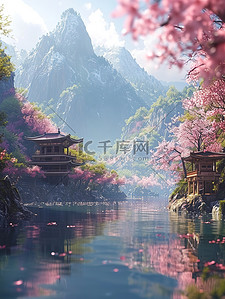 春天美丽的桃花林湖泊背景图片