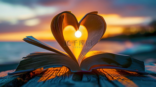 美丽的日落书本的爱心背景图片