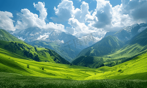 草原雪山摄影照片_阿尔卑斯山鲜绿色的草地和白雪皑皑的山峰