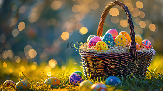 鸡蛋篮子背景图片_草地上篮子的彩蛋复活节设计