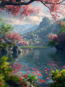 春天美丽的桃花林湖泊背景图