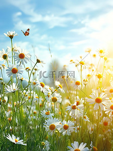 春季田野上的洋甘菊背景图片