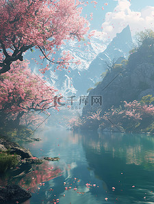 春天美丽的桃花林湖泊背景图