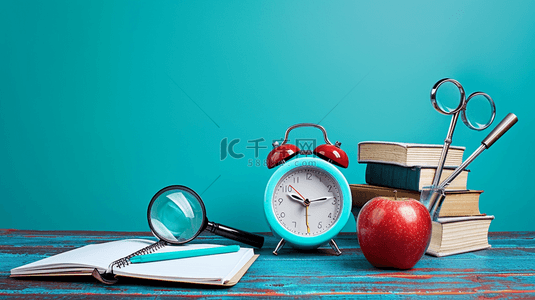 高清蓝色墙面桌面上有书本闹钟苹果背景2
