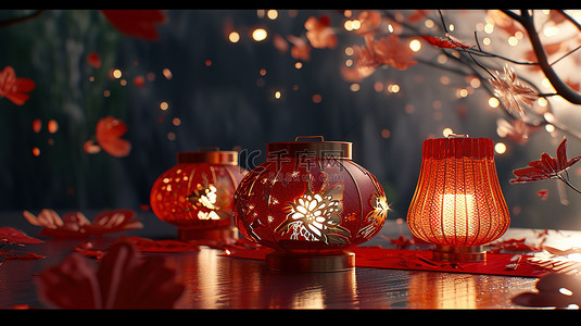 春节气氛背景图片_桌子上的红色灯笼新年设计图