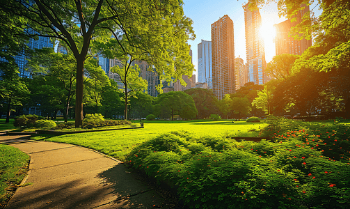 春天绿色素材摄影照片_阳光下的城市公园美景