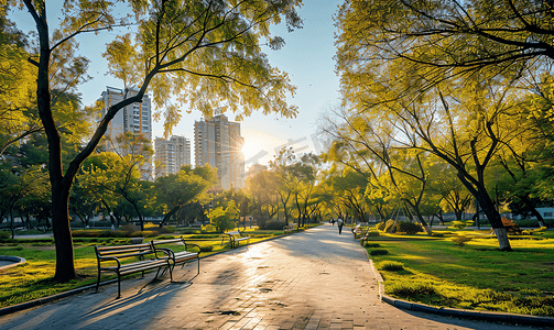 春天场景摄影照片_阳光下的城市公园美景