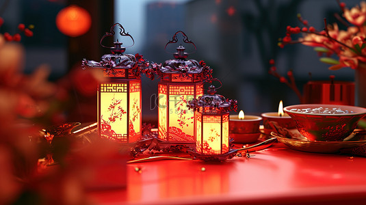 桌子上的红色灯笼新年背景图片
