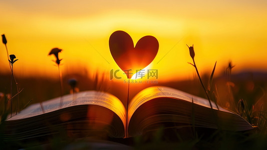 书本数字艺术背景图片_美丽的日落书本的爱心图片