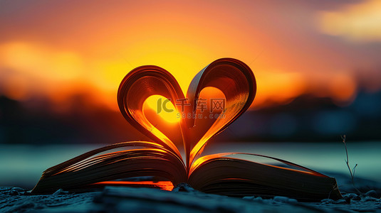 书本数字艺术背景图片_美丽的日落书本的爱心设计