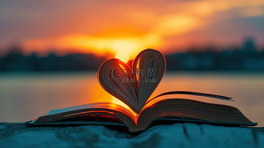 书本数字艺术背景图片_美丽的日落书本的爱心设计图