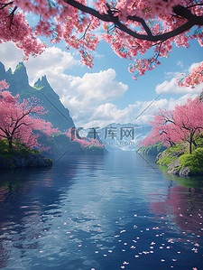 春天樱花盛开唯美湖泊背景