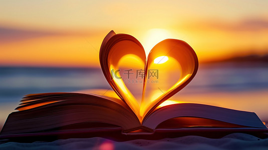 书本数字艺术背景图片_美丽的日落书本的爱心背景