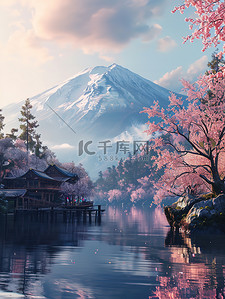 春天美丽的桃花林湖泊图片