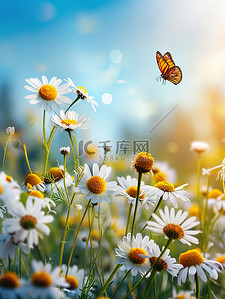 春季田野上的洋甘菊背景图片