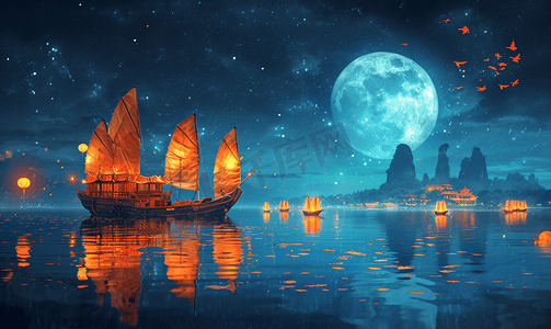 元宵赏月摄影照片_中秋满月船舶在海上